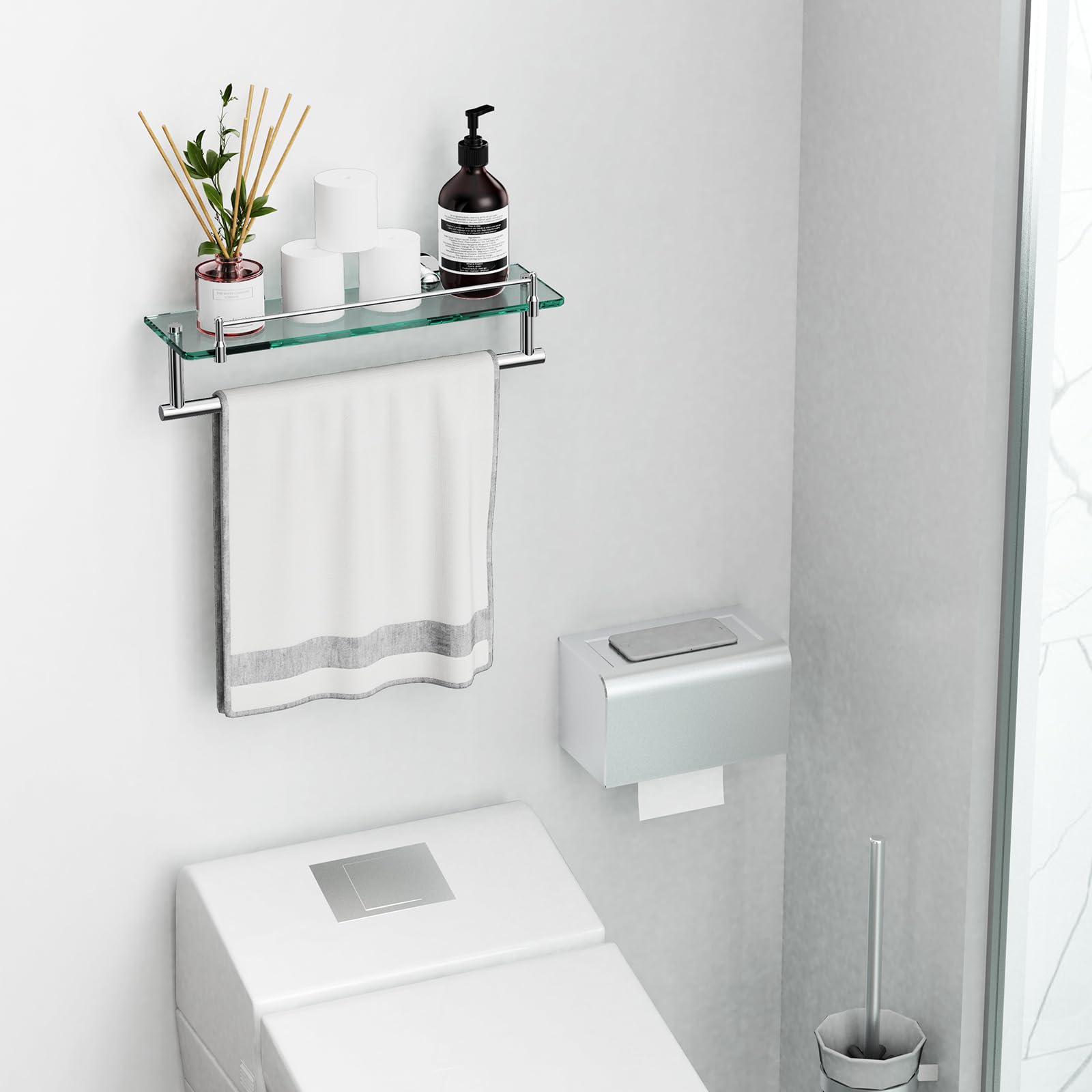 KOCOK chrome-polished brackets resist corrosion for durable bathroom storage.