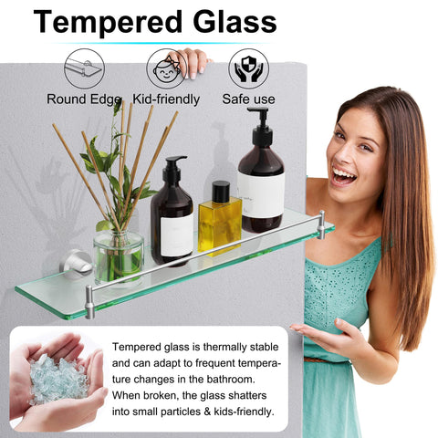 KOCOK organized bathroom essentials neatly stored on a floating glass shelf.
