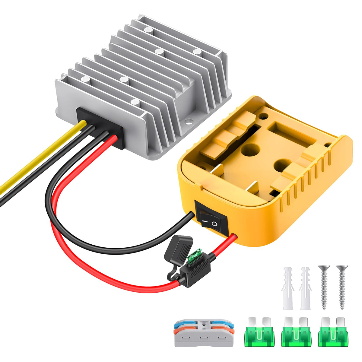 KOEZEOI 20V-to-12V buck converter front view powering portable devices