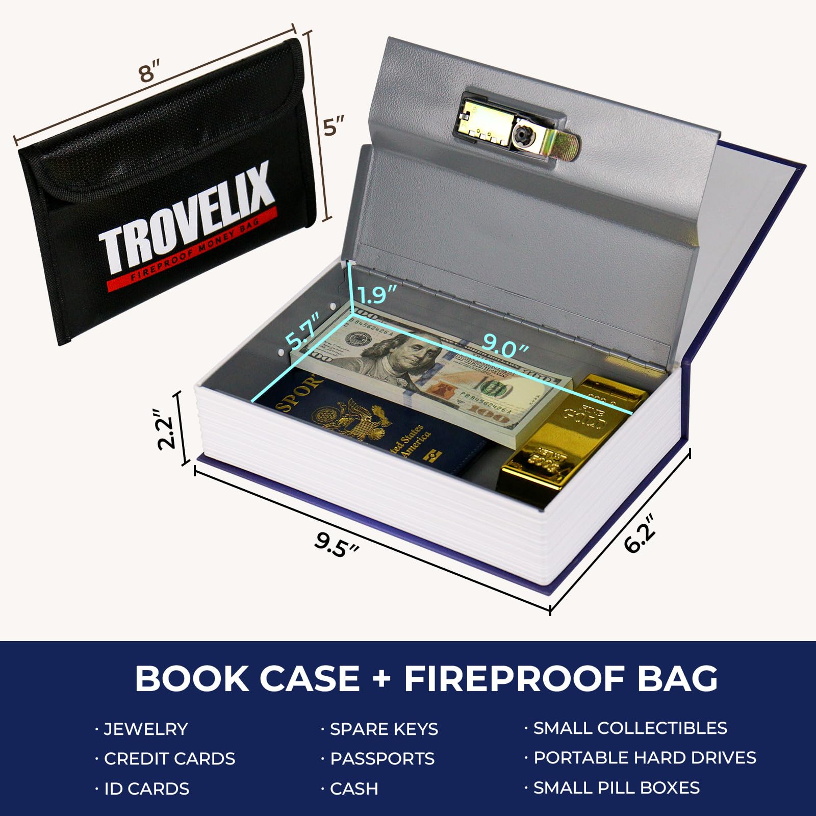 KOFAIR Book Safe front view shows four-step password setup for security.