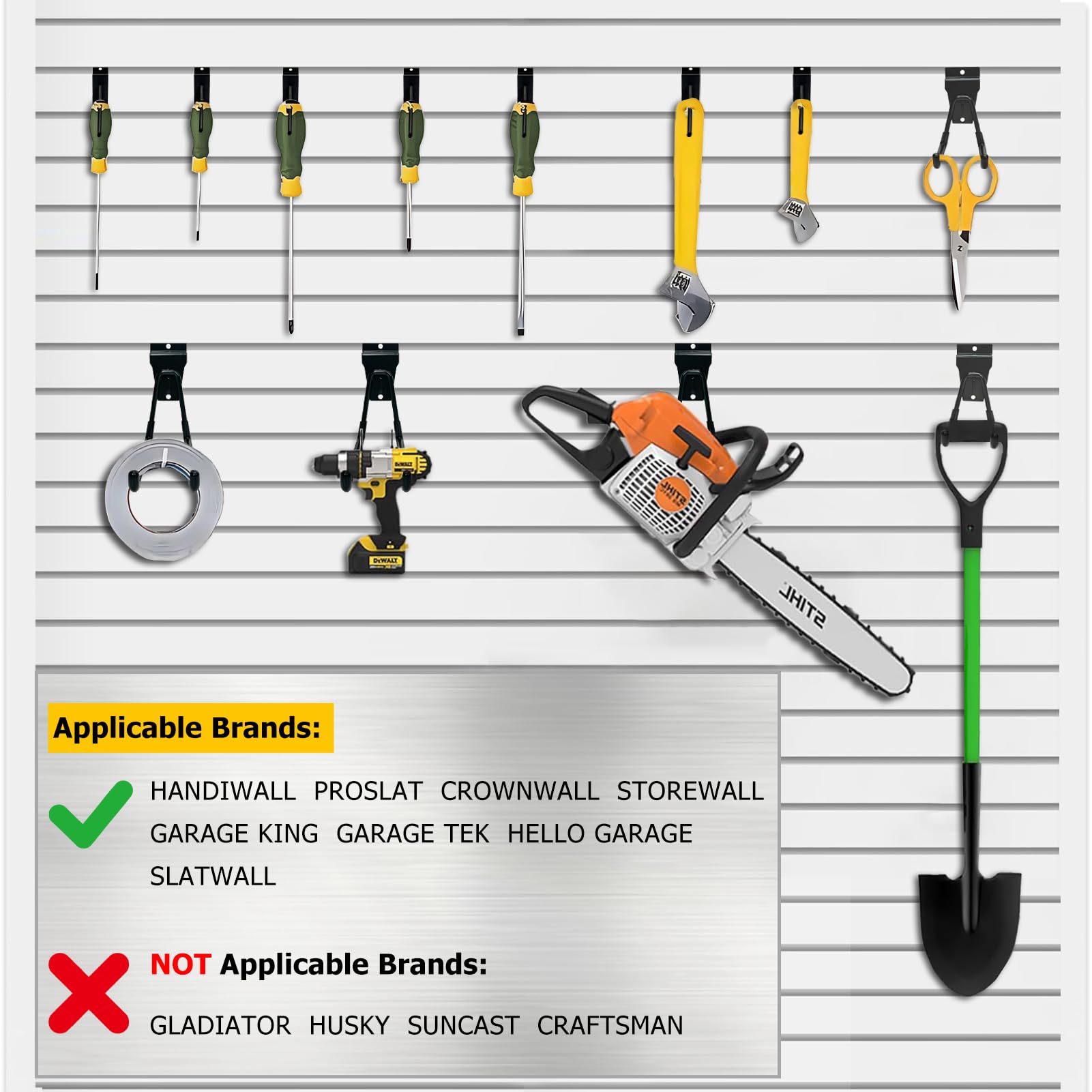 KOFANI Slatwall large-J hooks support heavier implements securely.