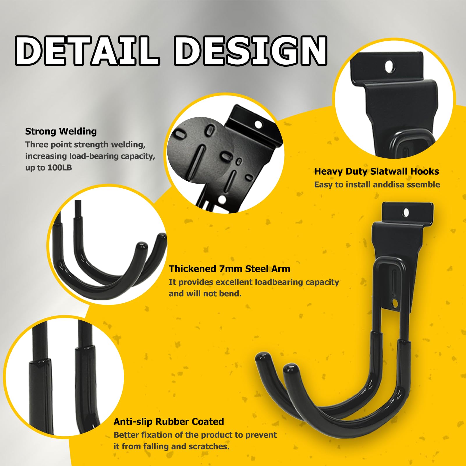 KOFANI Slatwall large-U hooks hold bulky gear safely.