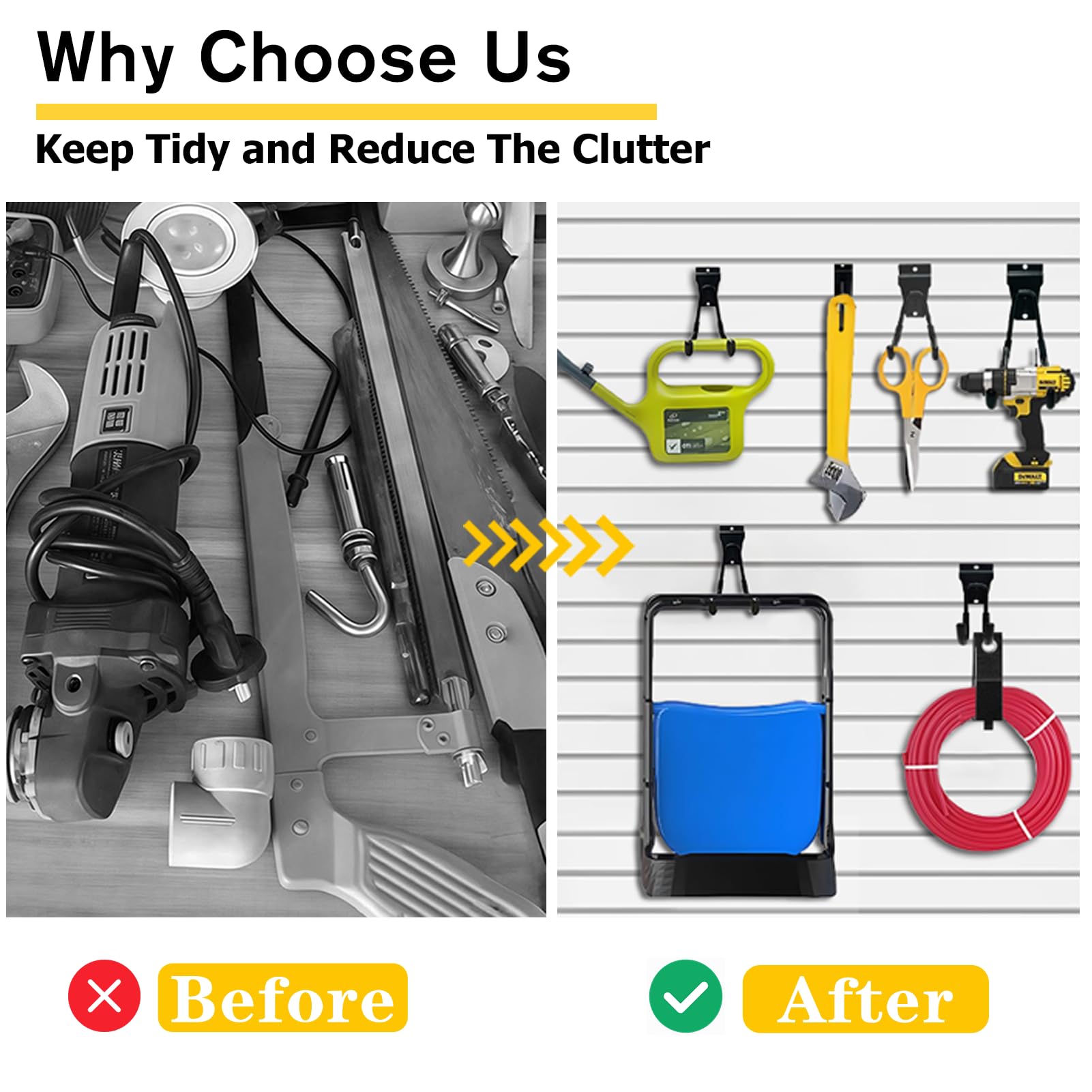 KOFANI Slatwall small-J hooks maximize space for hand tools.