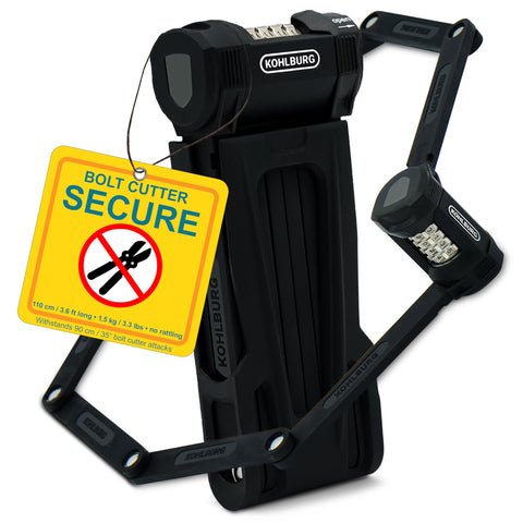 KOHLBURG folding bike lock in 43-inch length secures bikes against theft while traveling.