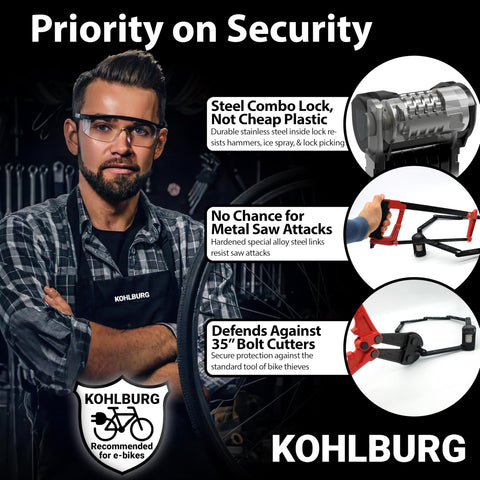 KOHLBURG rattle-free mounting bracket keeps the lock quiet on rides.