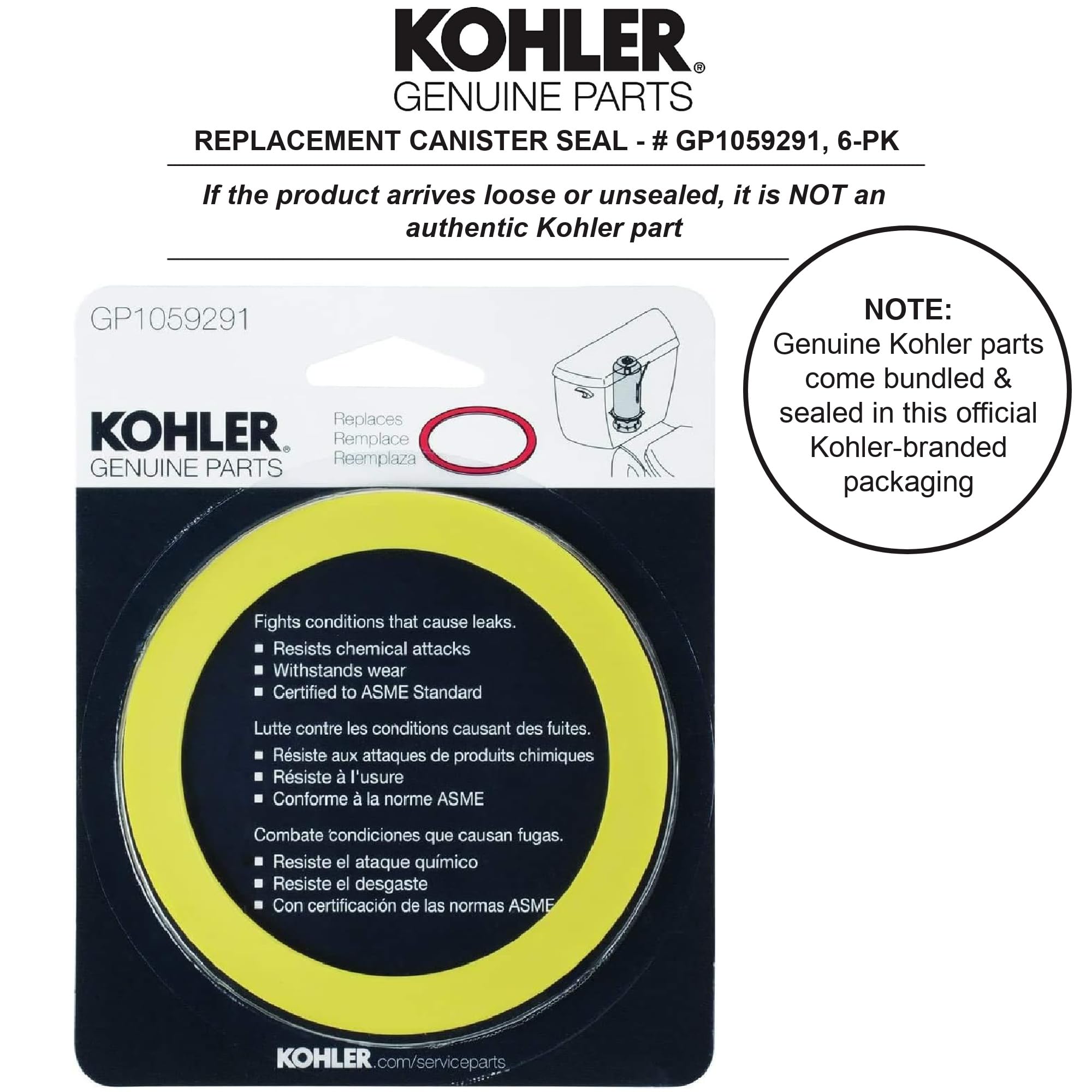 Kohler GP1059291 seal packaging image confirms genuine Kohler part for Class 5/6 toilets.