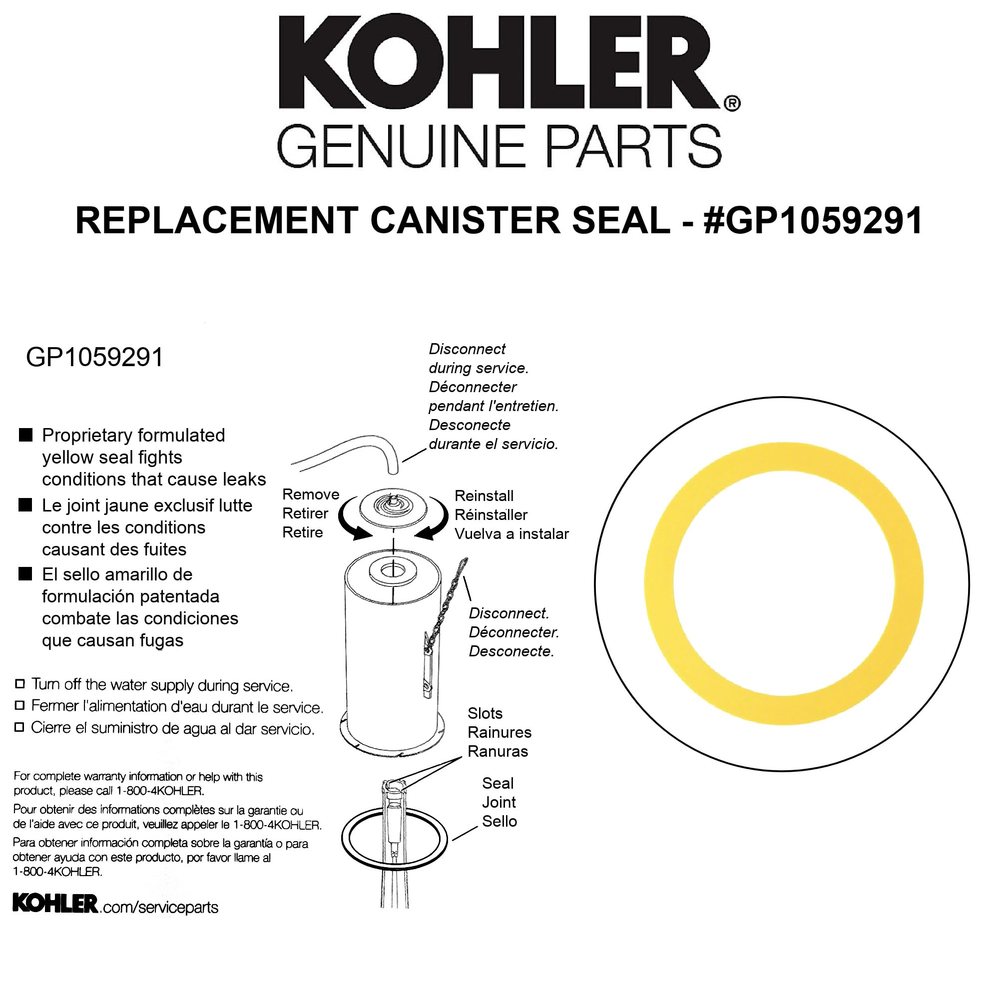 Kohler GP1059291 yellow seal closeup showcases leak-preventing design and chemical resistance.