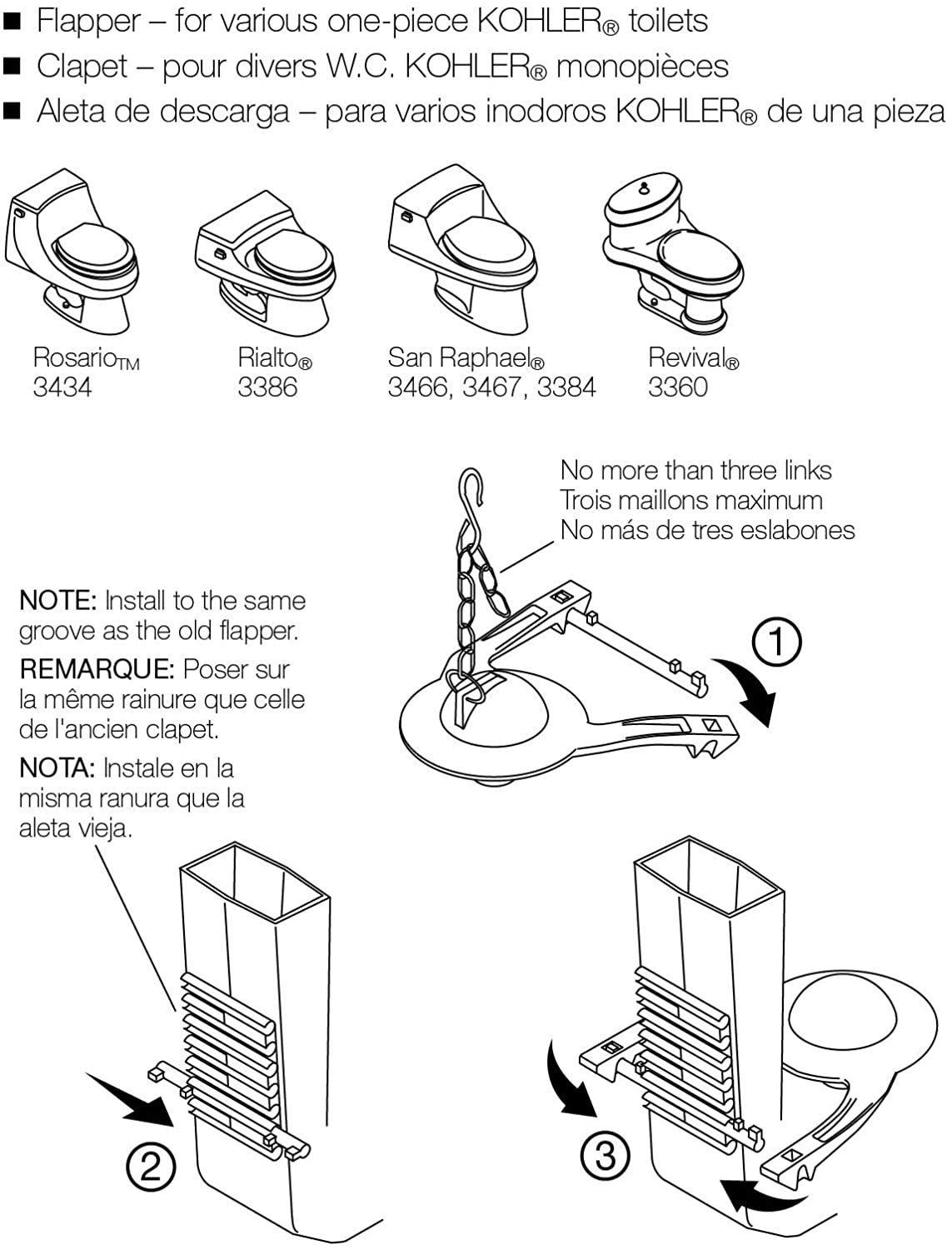 Kohler GP84995 flapper hinge 2in image highlights compatibility with Rosario 3434 and other Kohler models.
