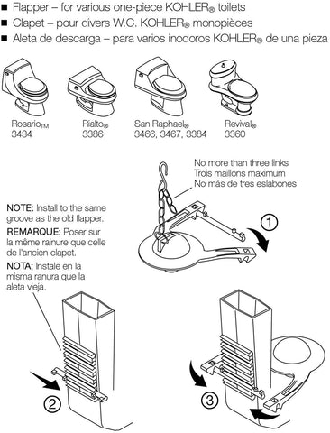 Kohler GP84995 flapper hinge 2in image highlights compatibility with Rosario 3434 and other Kohler models.