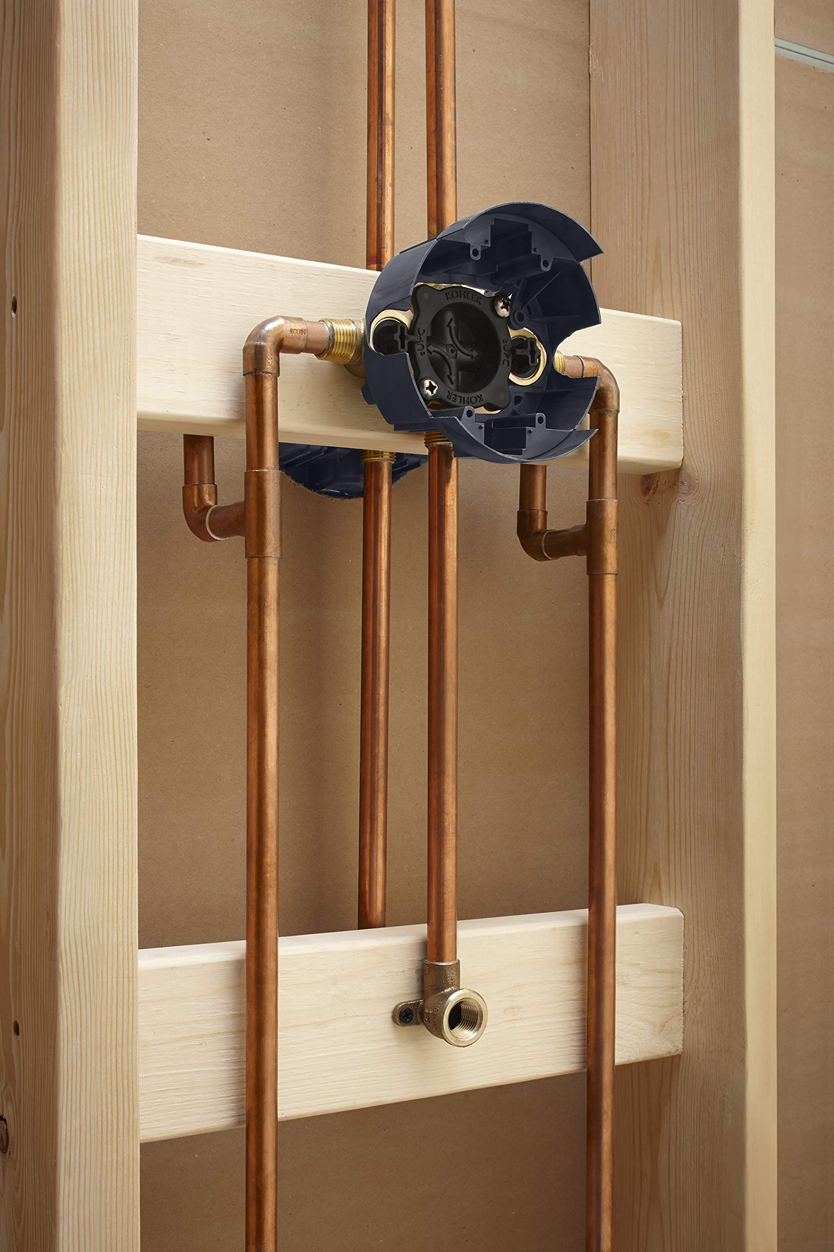 Kohler reversible cartridge design supports standard, back-to-back, or thin-wall installs.