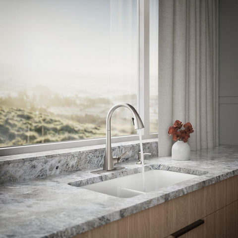 Kohler Maxton high-arch spout provides tall clearance for large cookware.