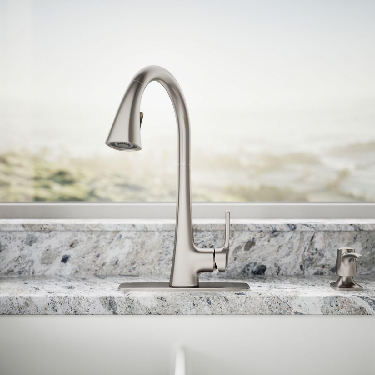 Kohler Maxton two-function sprayhead switches between aerated and Sweep spray.