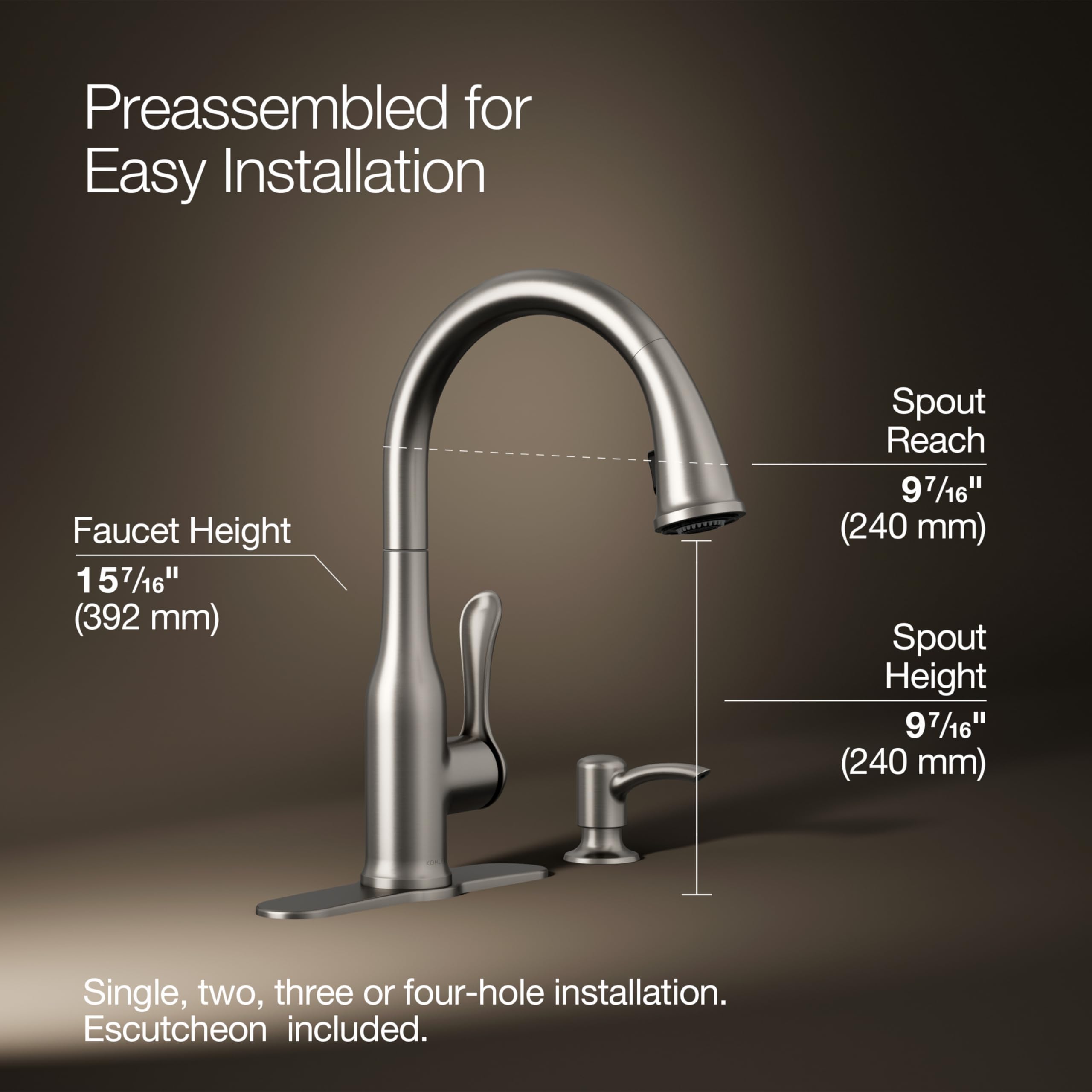 Kohler Motif sweep spray nozzles deliver a wide blade of water for efficient cleanup.