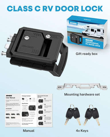 Kohree packaging shows lock, hardware and four keys for RV upgrade