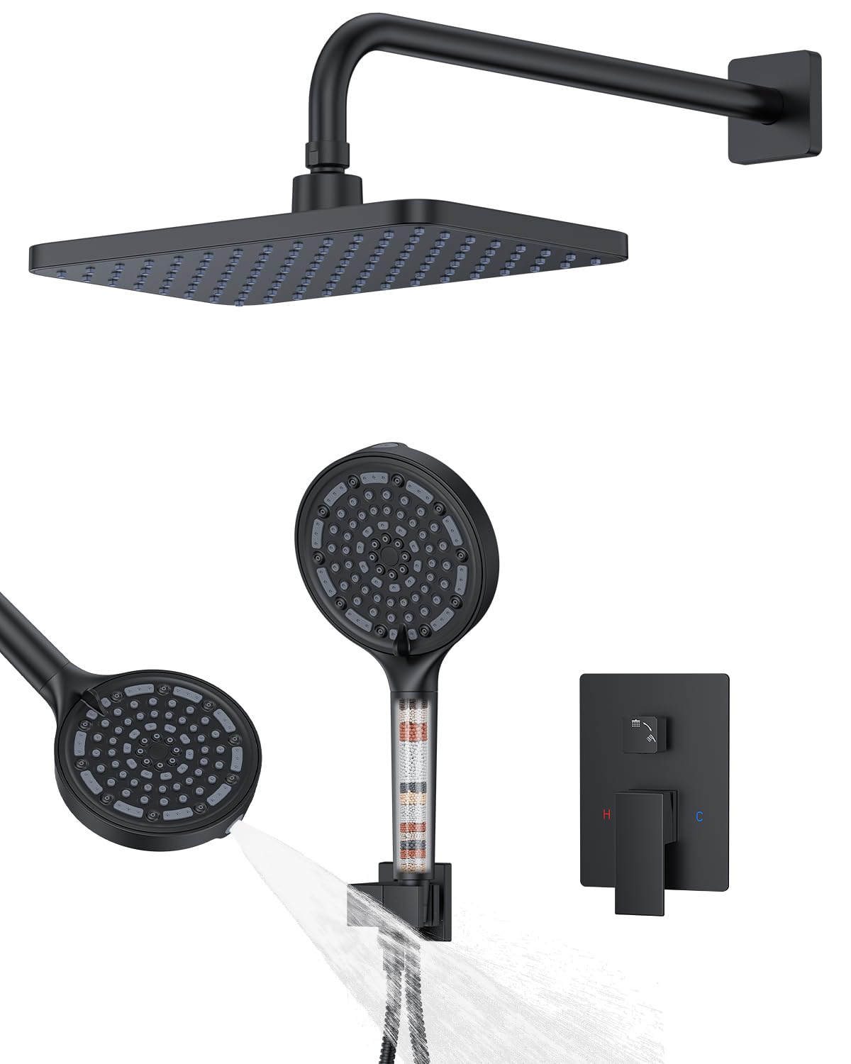 KOJOX matte black 11-inch rainfall shower head with wide coverage and easy-clean silicone nozzles.