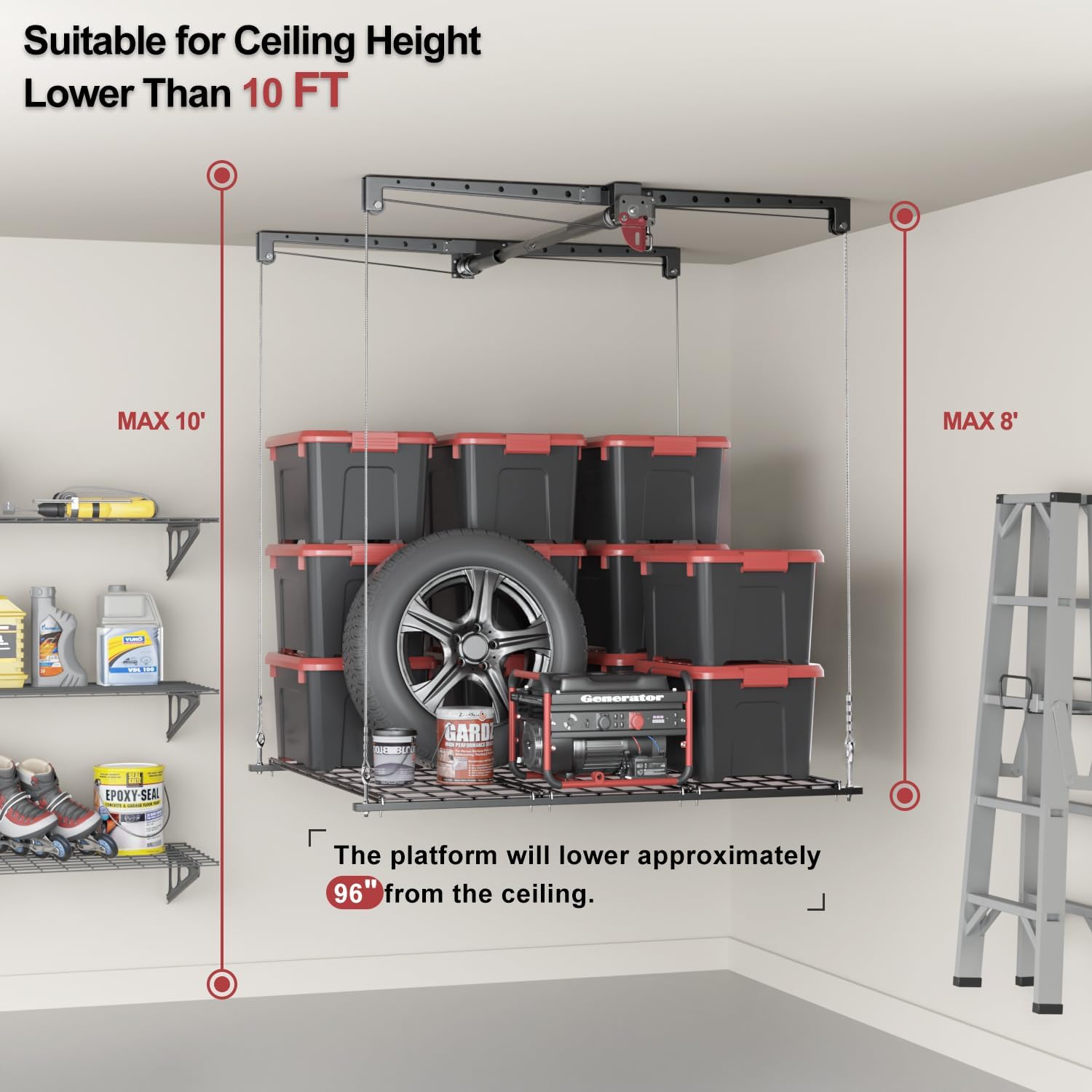 KOKORACKER ceiling hanging storage lift lowered for reachable storage