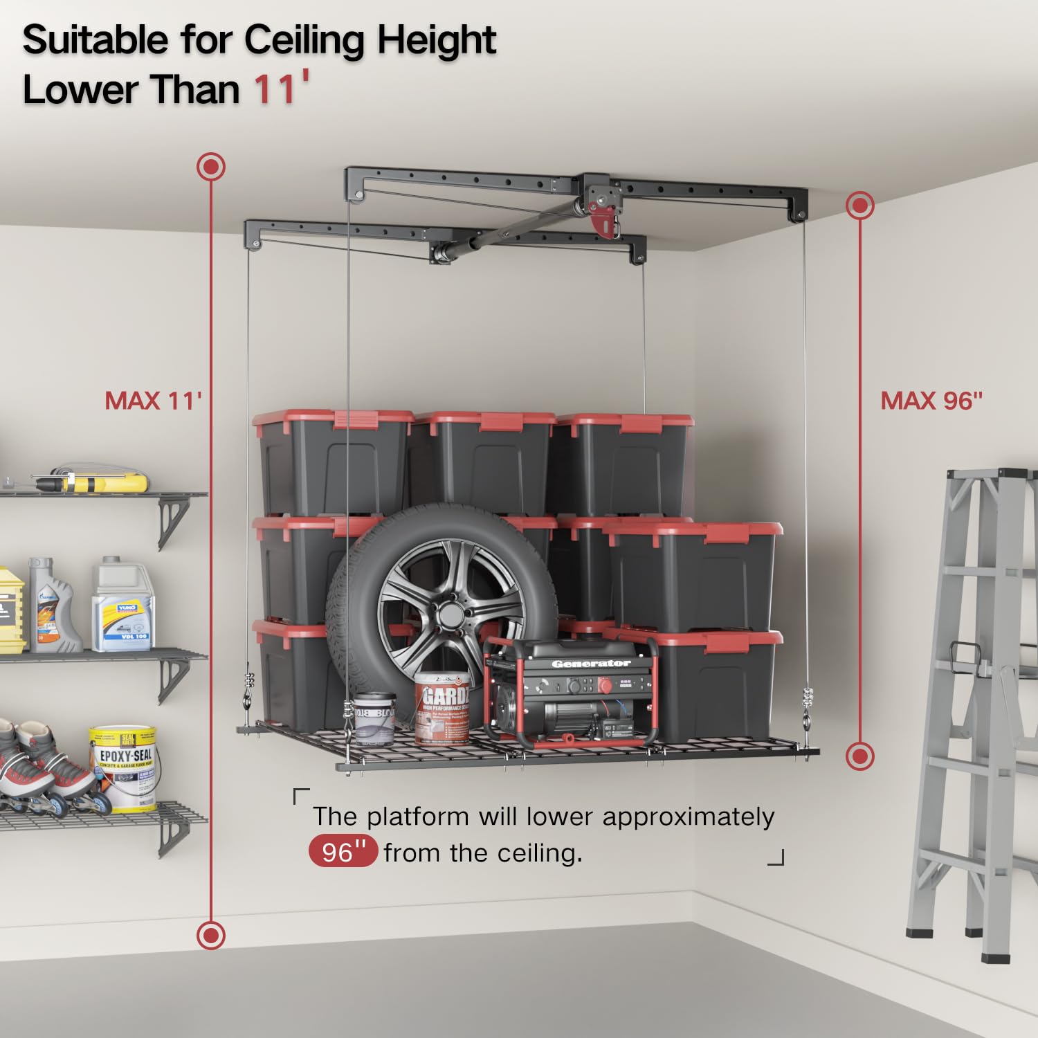 KOKORACKER ceiling storage ready in a garage maximizing overhead space