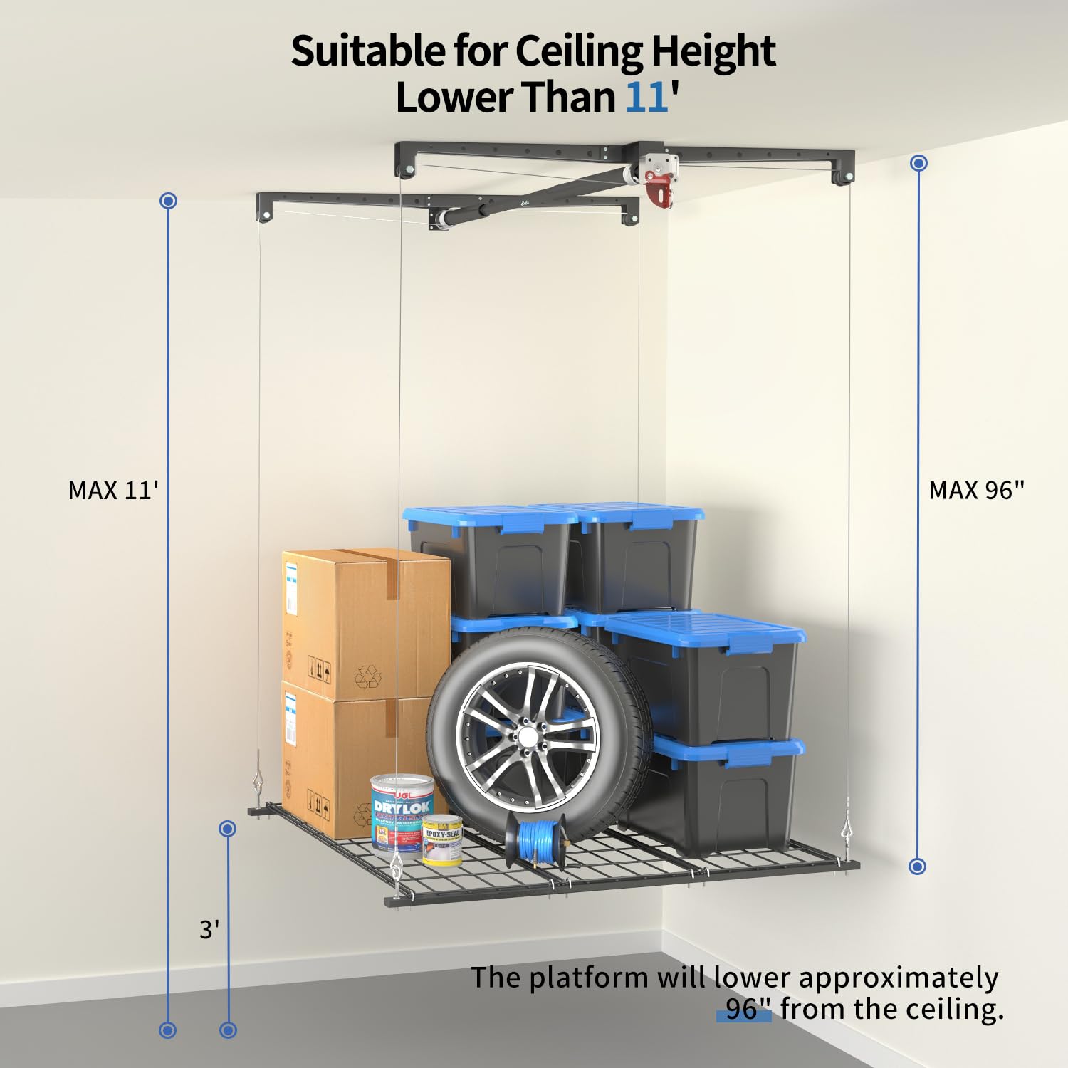 KOKORACKER overhead lift 250lbs capacity highlights sturdy support for seasonal gear