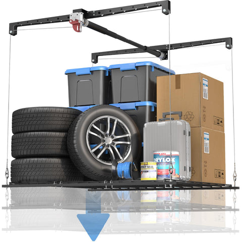 KOKORACKER overhead-lift ceiling rack assembly demonstrates easy mounting and swift access