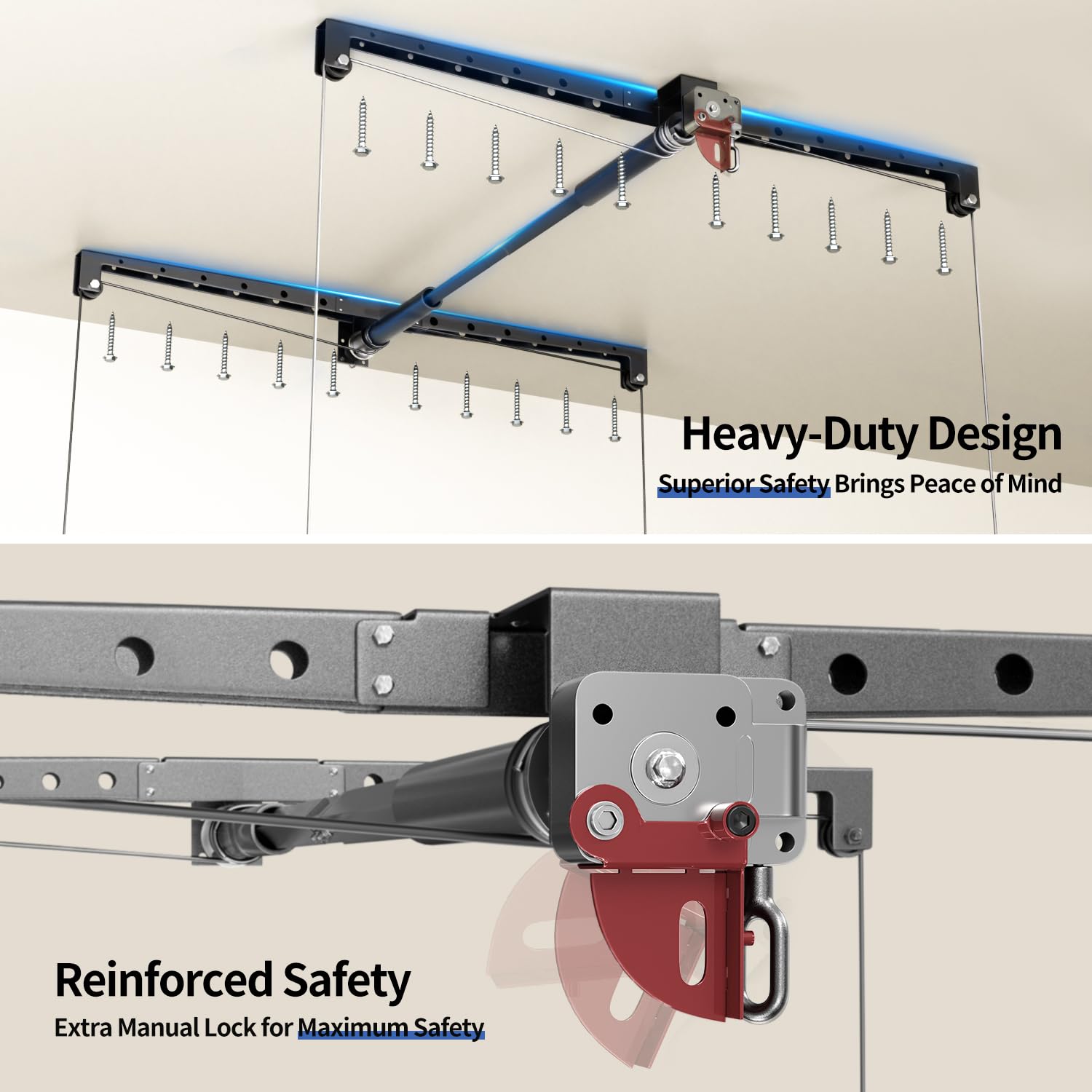 KOKORACKER overhead-lift installation process shows quick, tool-friendly setup in minutes