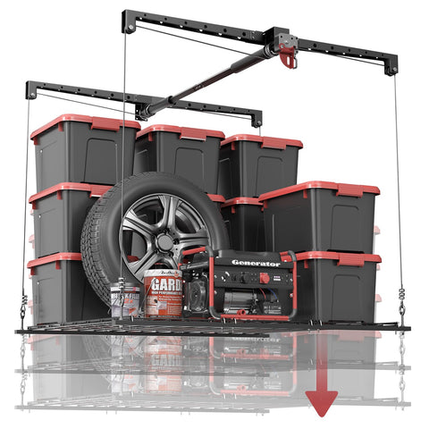 KOKORACKER overhead storage rack installation on garage ceiling for easy access