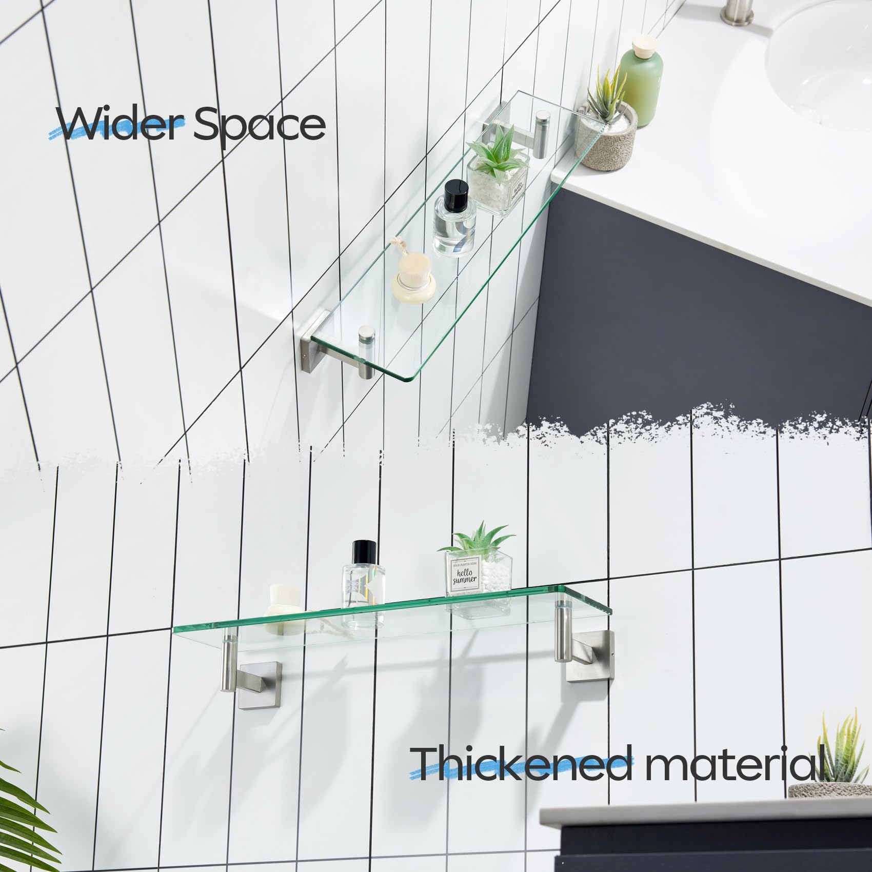 KOKOSIRI 20-inch shelf offers ample space for towels and decor.