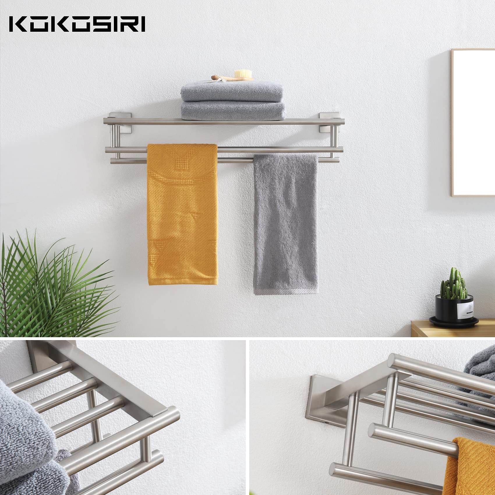 KOKOSIRI towel shelf with two additional bars for towels and bath linens