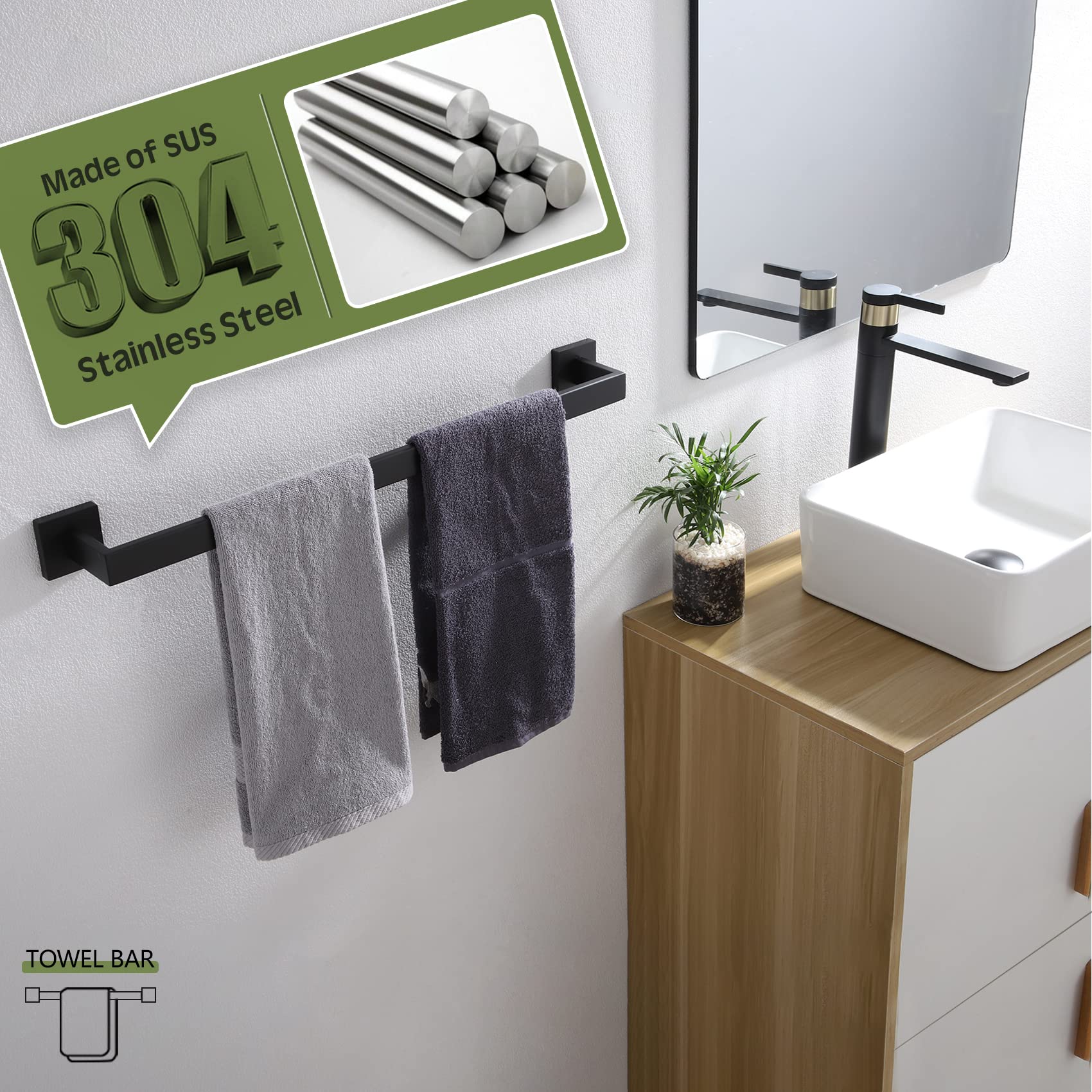 KOKOSIRI B4003BK-L24 towel bar mounted in bathroom for space saving
