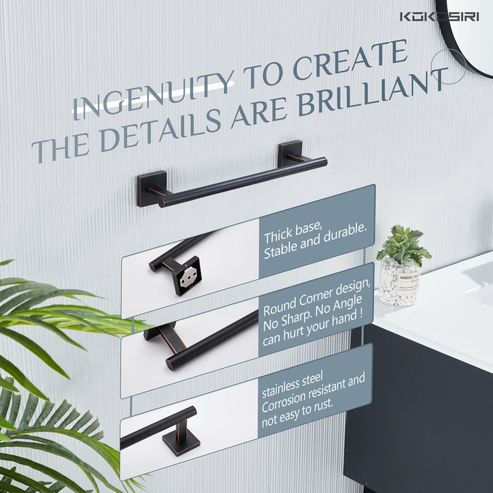 KOKOSIRI oil-rubbed bronze towel bar adds elegance and practical storage.