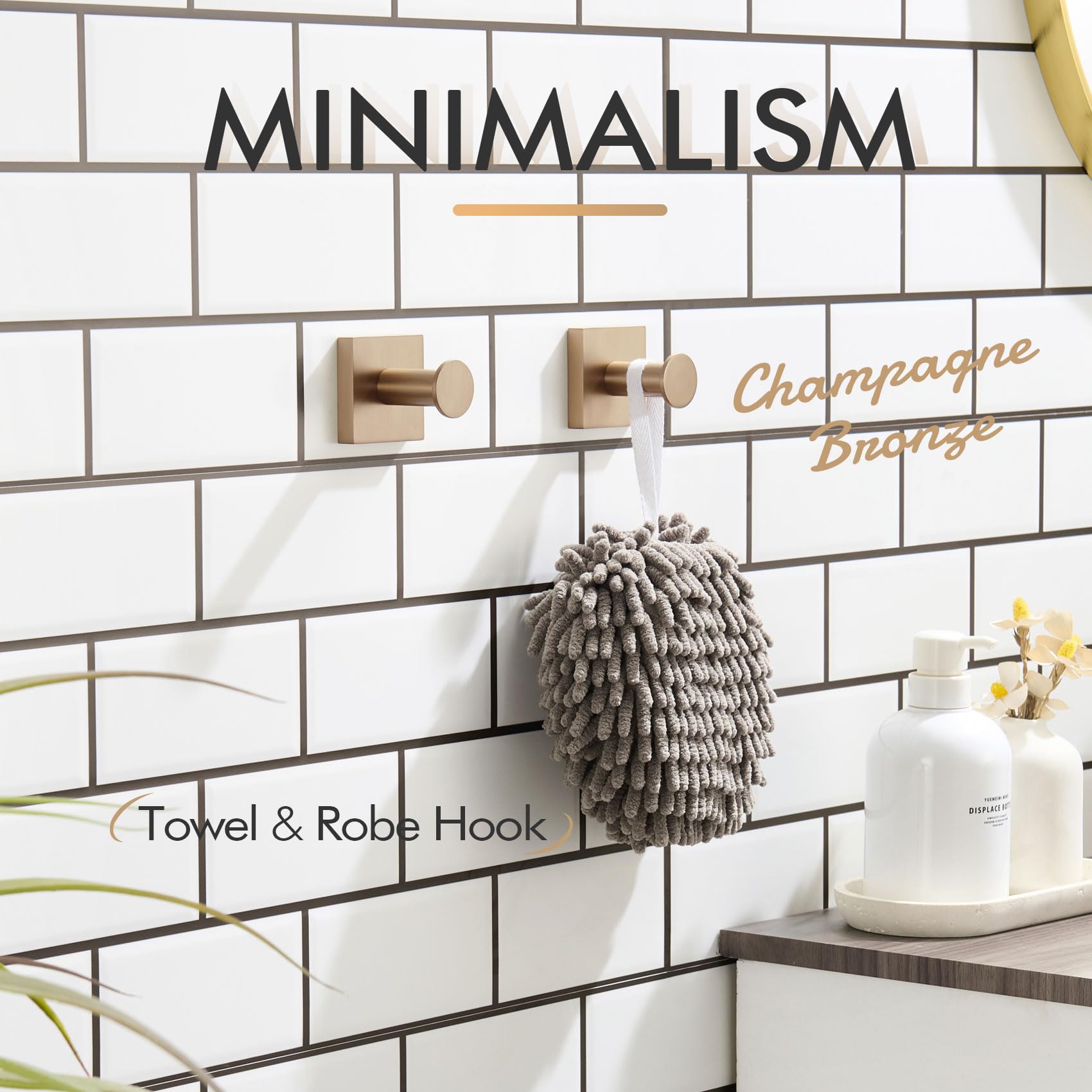 KOKOSIRI robe hooks champagne bronze close-up finish; rust-resistant and smooth to the touch.