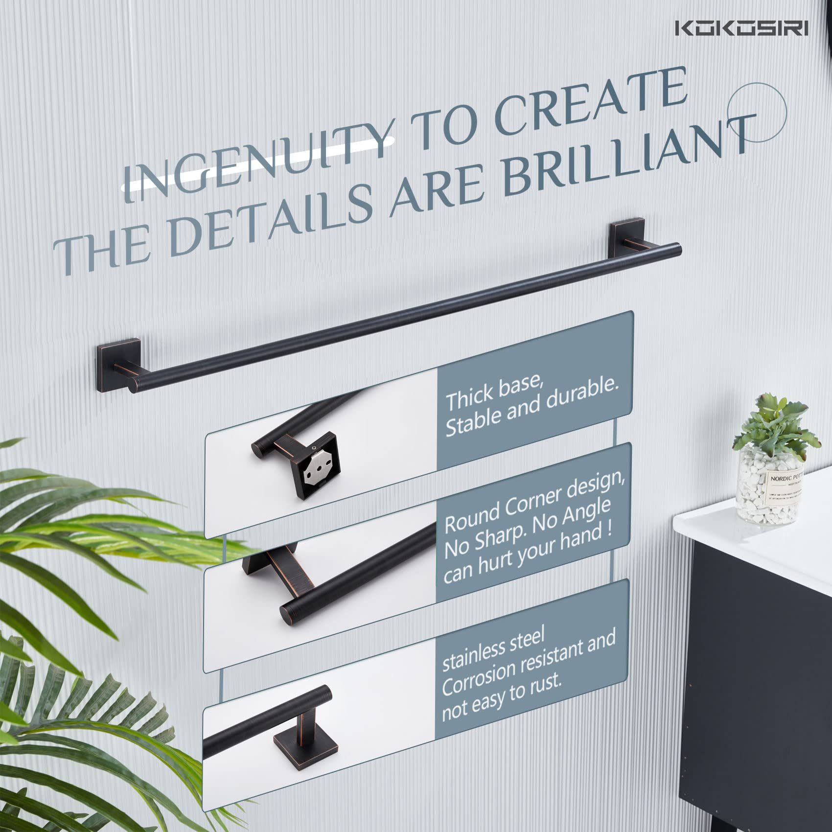 KOKOSIRI towel bar in a clean bathroom scene showcasing organized space.