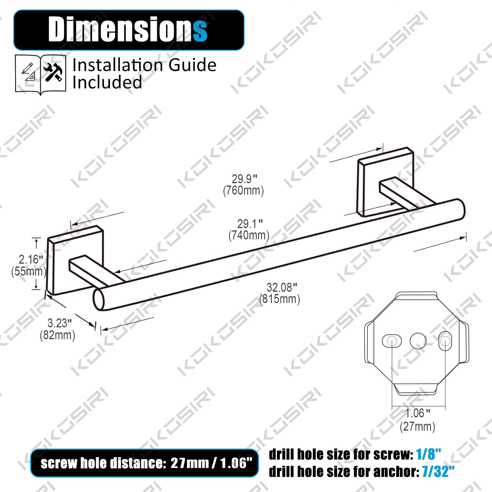 KOKOSIRI towel bar with brushed oil-rubbed bronze finish enhances bathroom style.