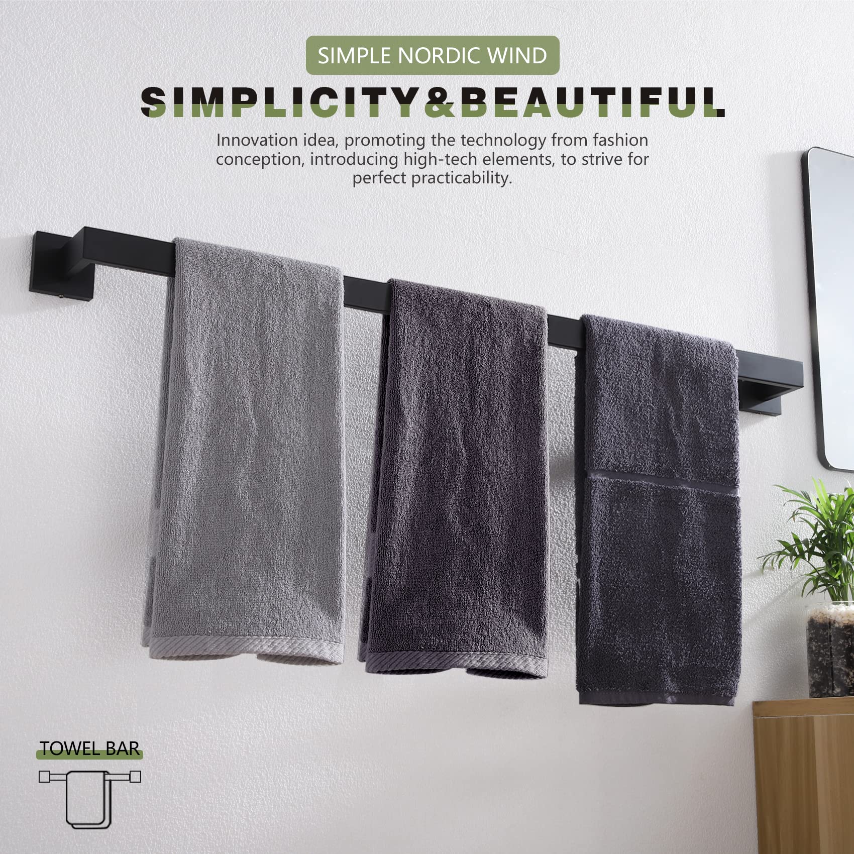 34.7-inch usable bar length highlighted on the towel bar.