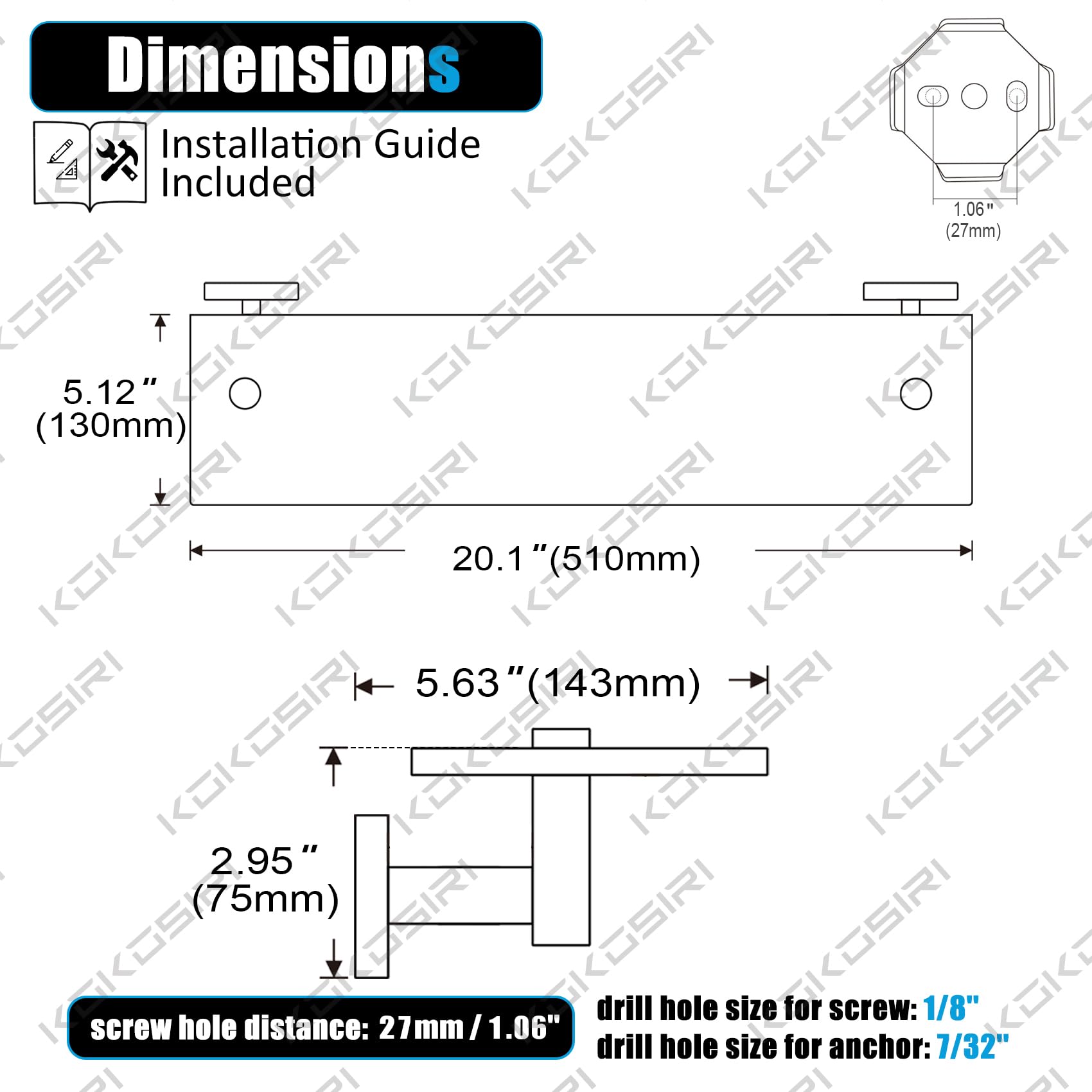 KOKOSIRI wall mount bracket brushed stainless provides solid support.