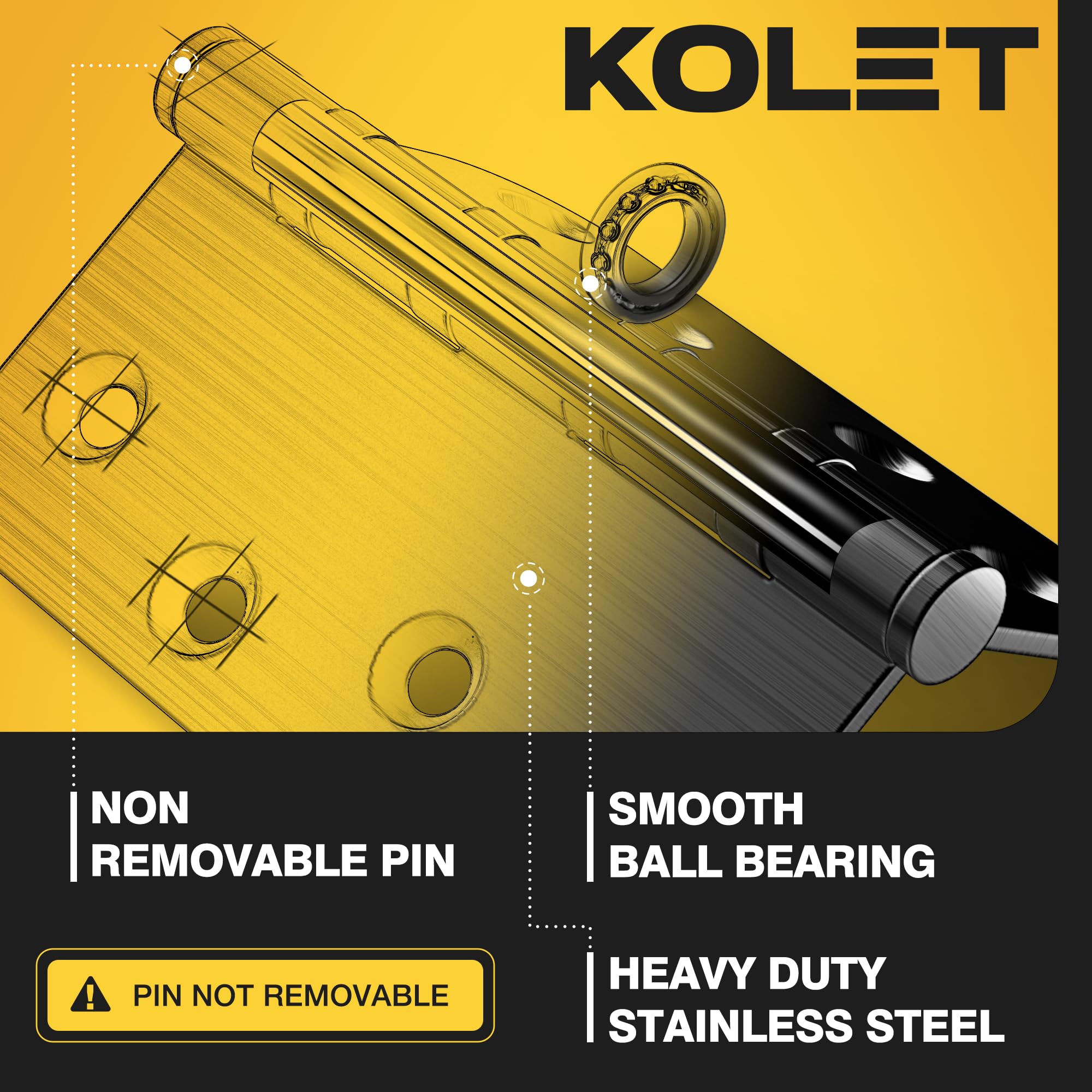 Kolet hinge showing non-removable pin for secure alignment