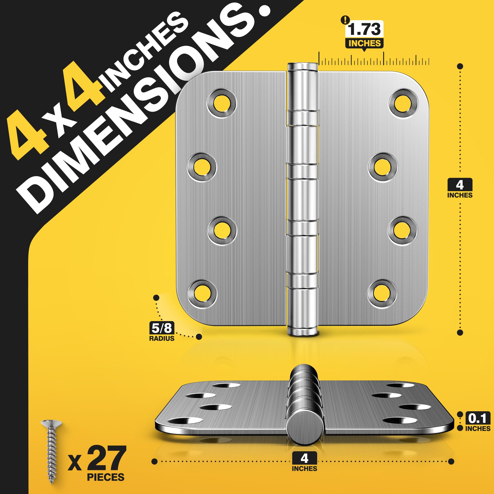 Kolet heavy-duty stainless steel hinges with brushed nickel finish resist wear.
