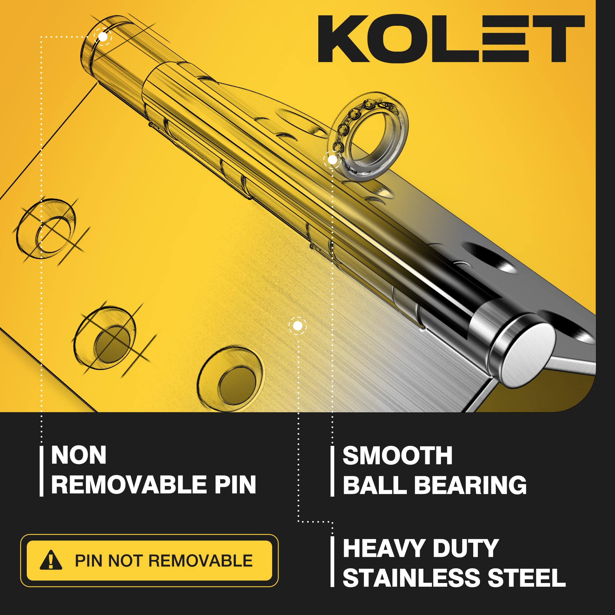 Kolet hinges suitable for interior or exterior use in various settings.