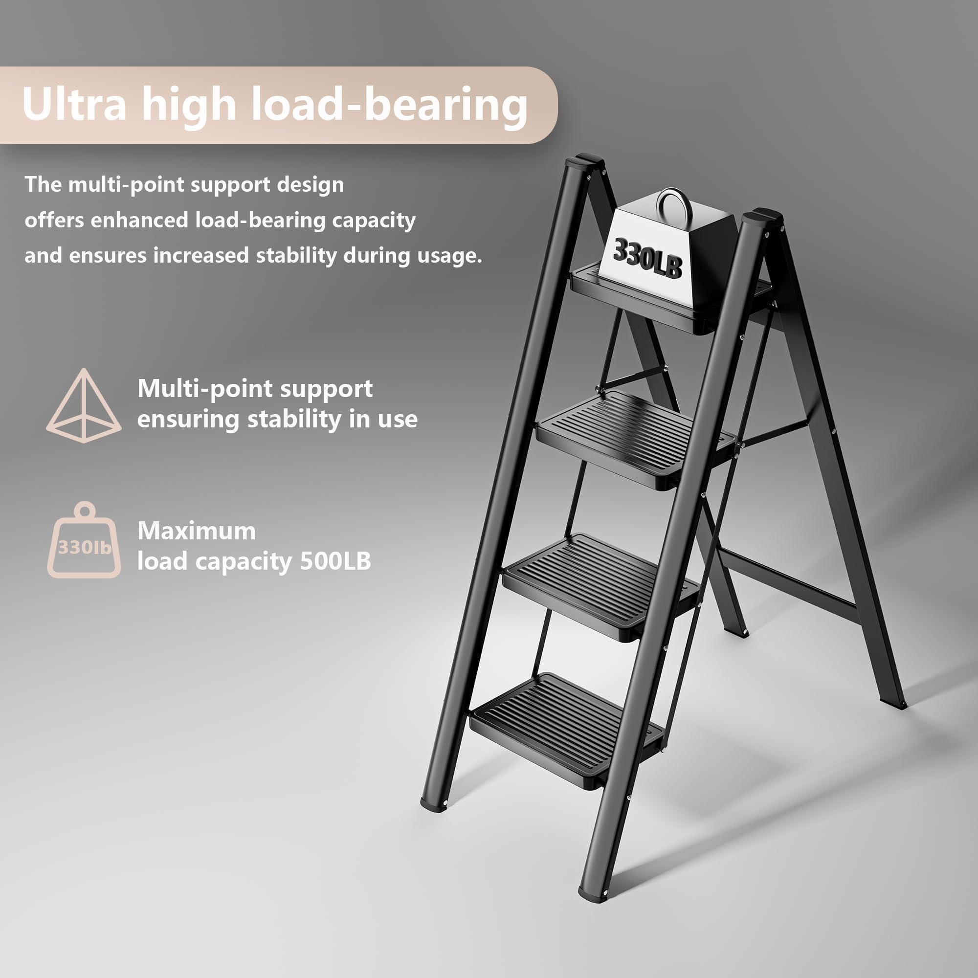 KOLL LINK sturdy steel ladder with wide anti-slip pedal boosts stability.
