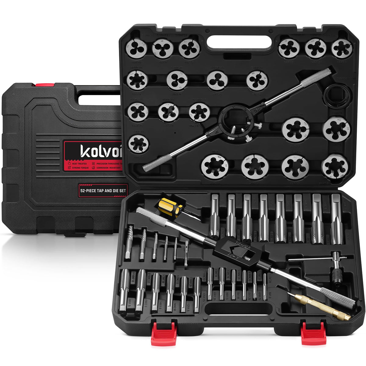 Kolvoii 52-piece set in case; organized for quick threading projects.