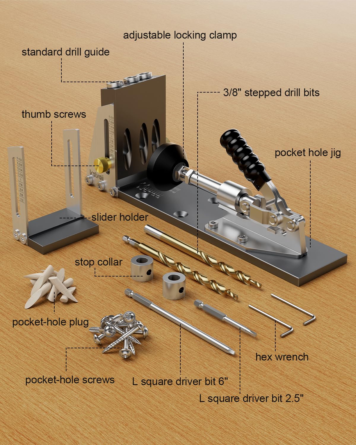 Kolvoii Pocket Hole Jig used on cabinet and bookshelf projects for concealed joints.
