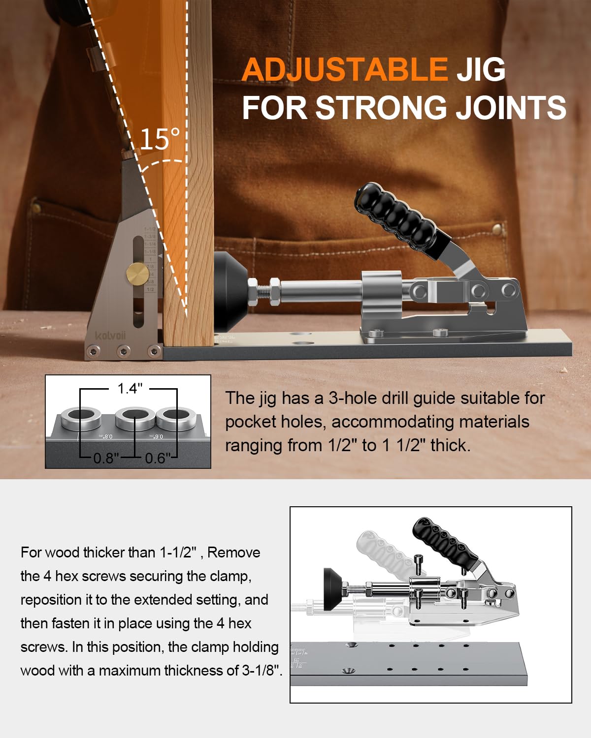 Kolvoii Pocket Hole Jig built with rugged CNC-machined steel and aluminum for durability.