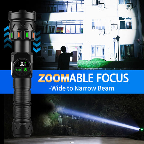 KOLYC LED flashlight with USB-C LCD display showing battery status.