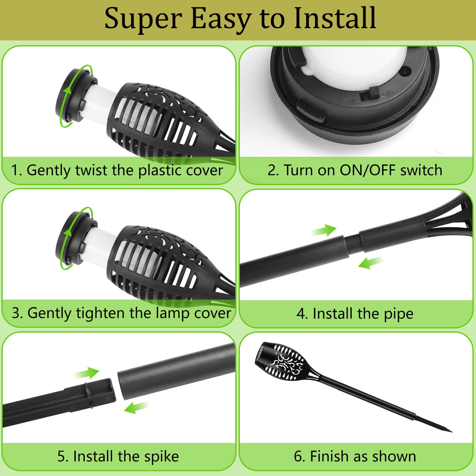 KOLYC ground-spike torch provides stable placement for lawn, patio, and garden borders