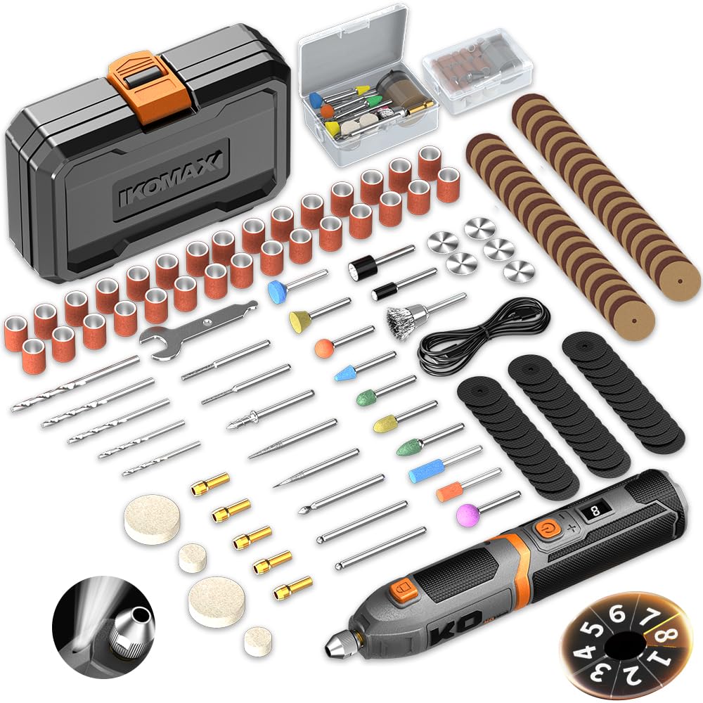 KOMAX cordless rotary tool case with organized accessories for DIY projects.