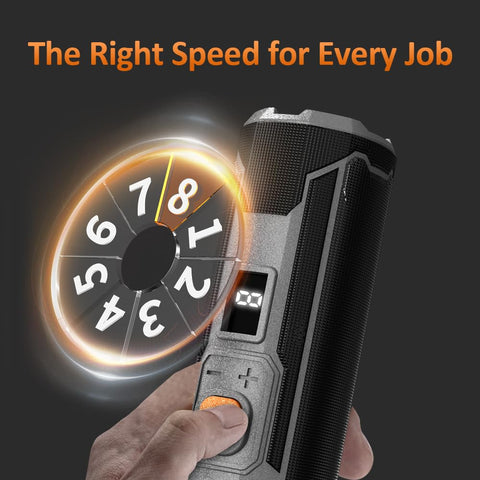 KOMAX cordless rotary tool digital display shows RPM settings clearly.