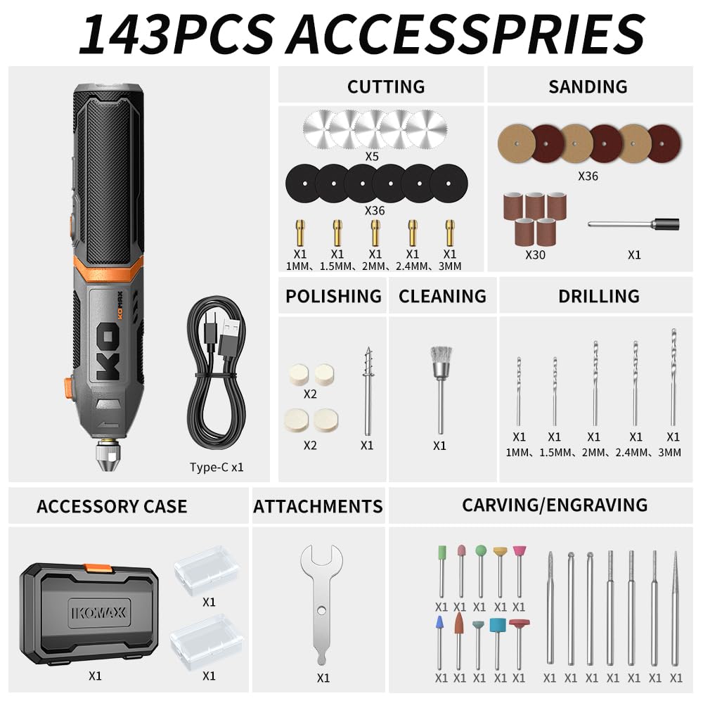 KOMAX rotary tool 2000mAh battery with Type-C charger for quick power.