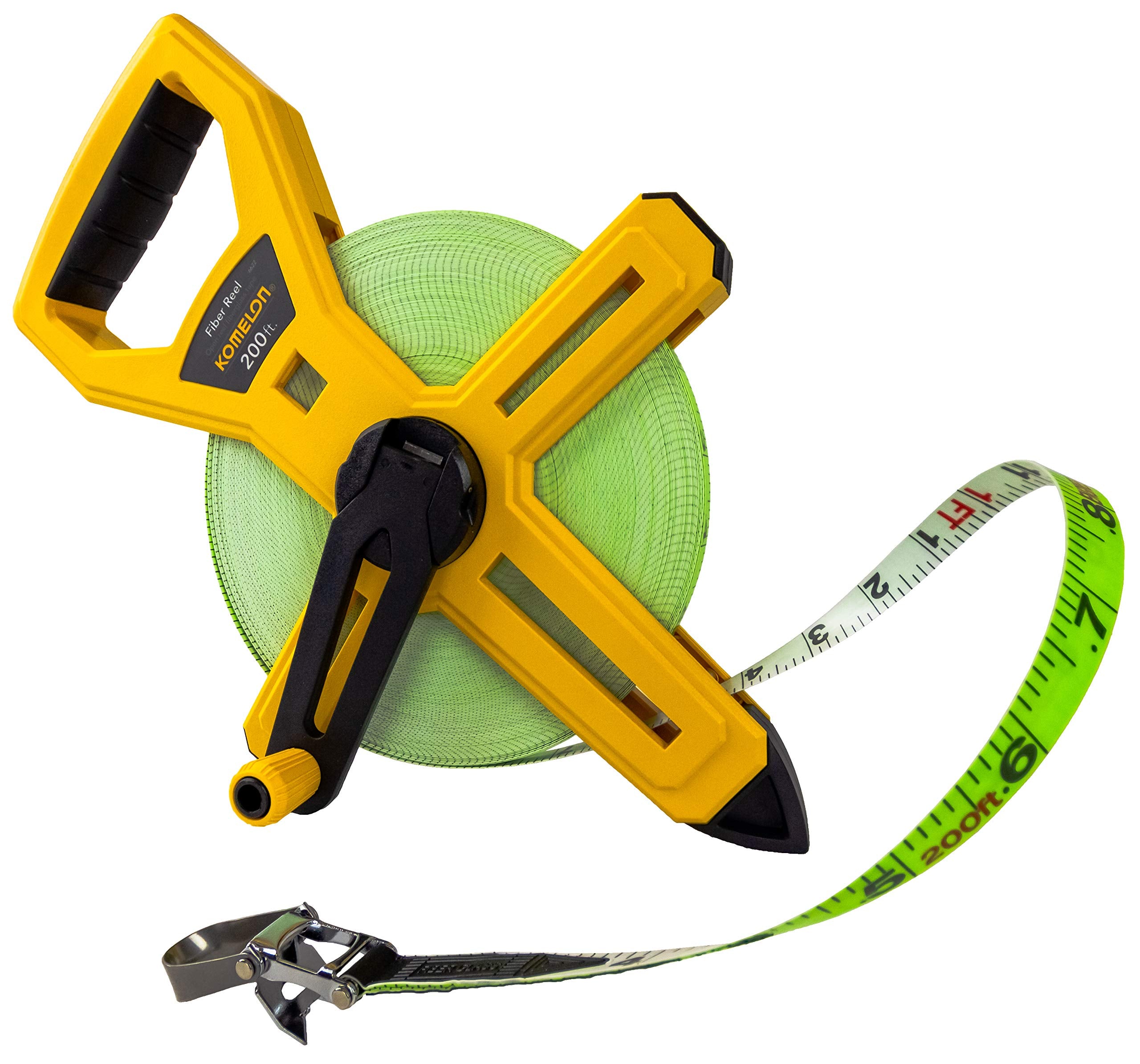 Komelon 6622 open reel tape measure showing long 200-foot capacity for large layouts.