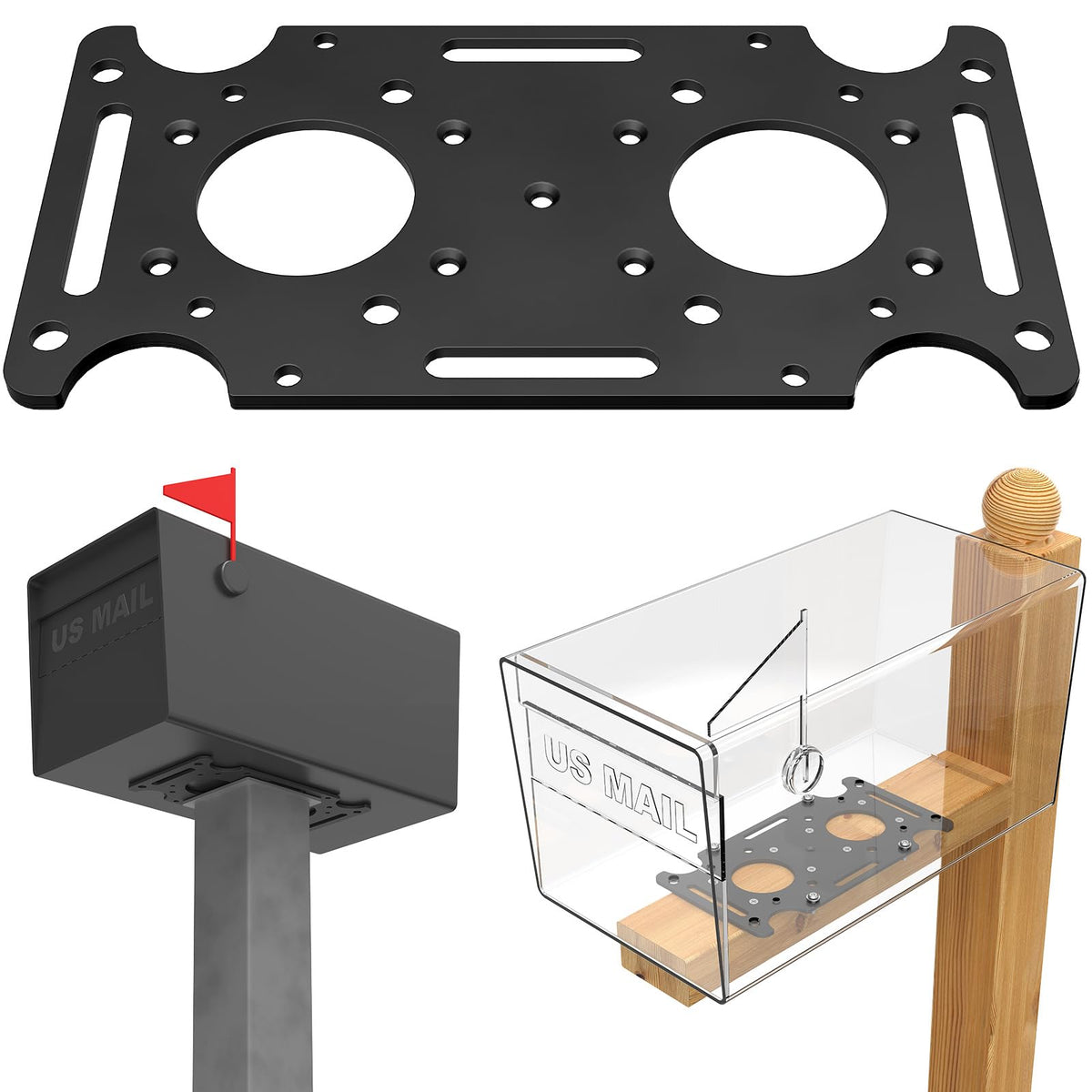 KOMOHOM mailbox mounting plate on a post for secure post mounting.