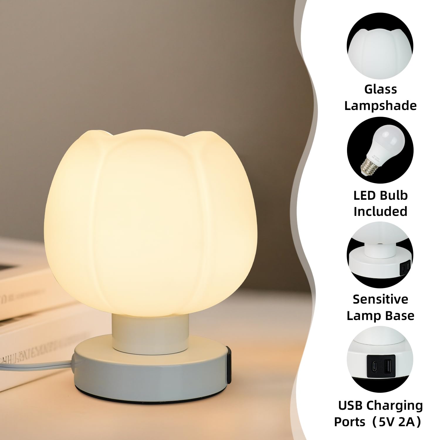 Komothala bedside lamp with USB-C and USB-A ports for convenient night charging