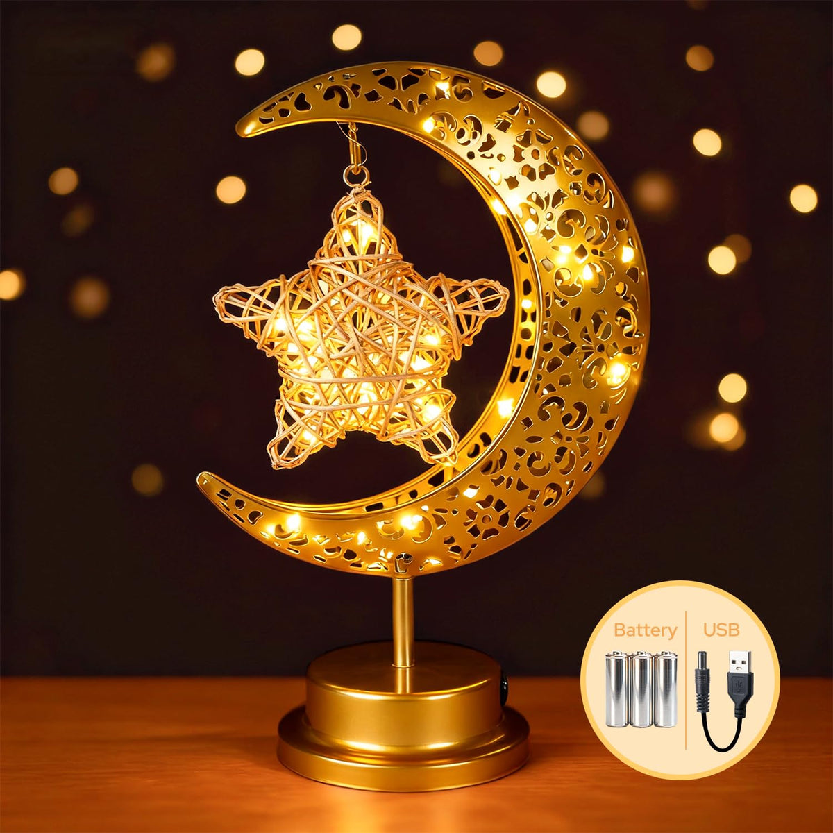 Komothala crescent moon and star lamp in brass provides warm ambient illumination for living spaces.